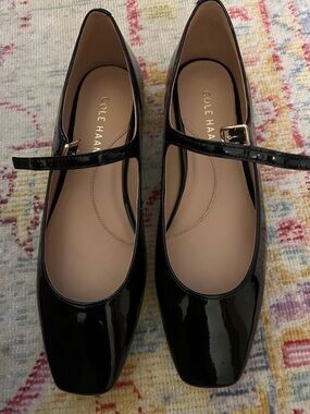 Cole Haan Black Patent Mary Jane Loafers with Gold Buckle